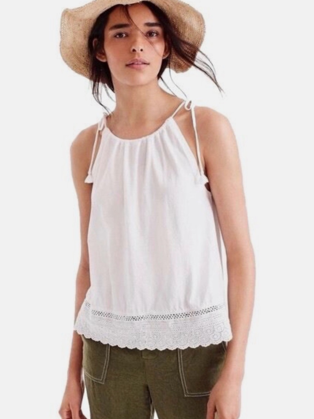 J Crew white tie strap with eyelet hem cami size medium